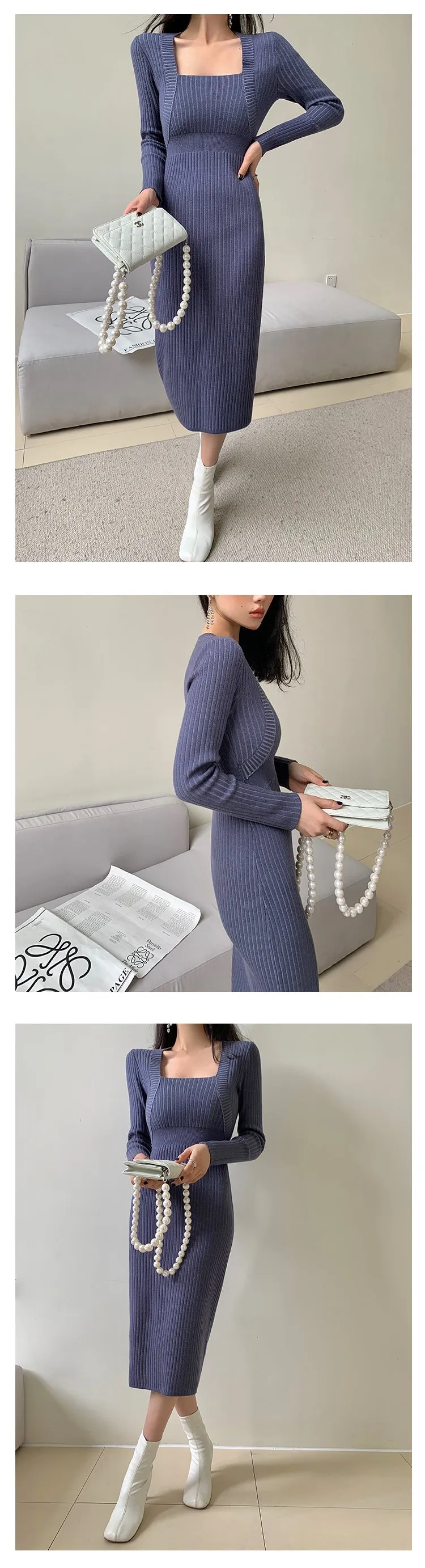 Square neck blue grey sweater knitted midi dress top - Tuliv blue