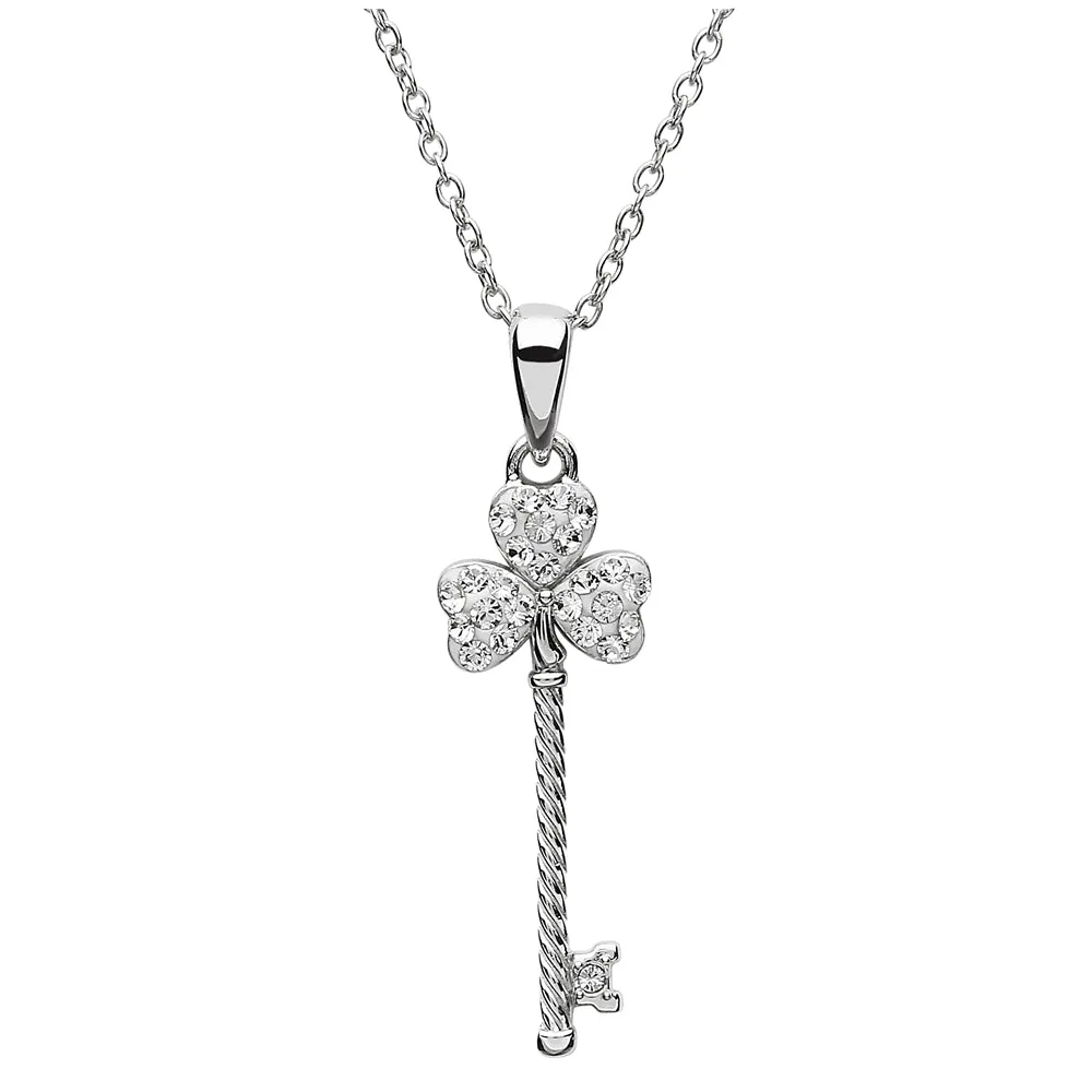 Sterling Silver Shamrock Key Pendant with Chain Encrusted With Swarovski Crystal SW105