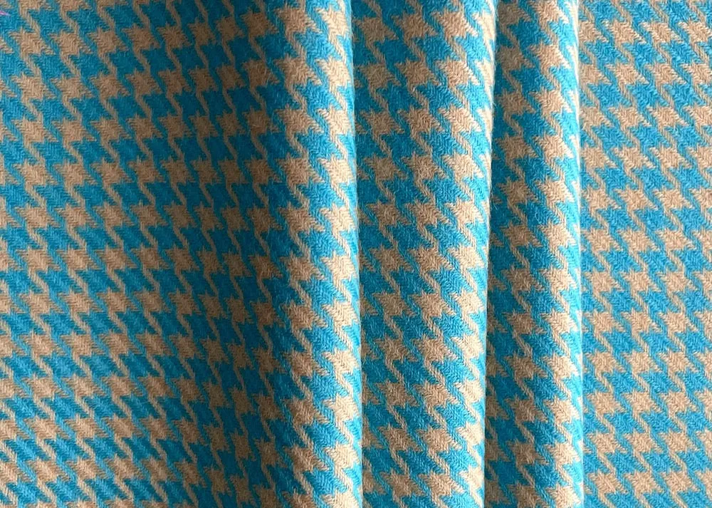 Turquoise Blue & Camel Hounds-Tooth Virgin Wool Twill (Made in Italy)