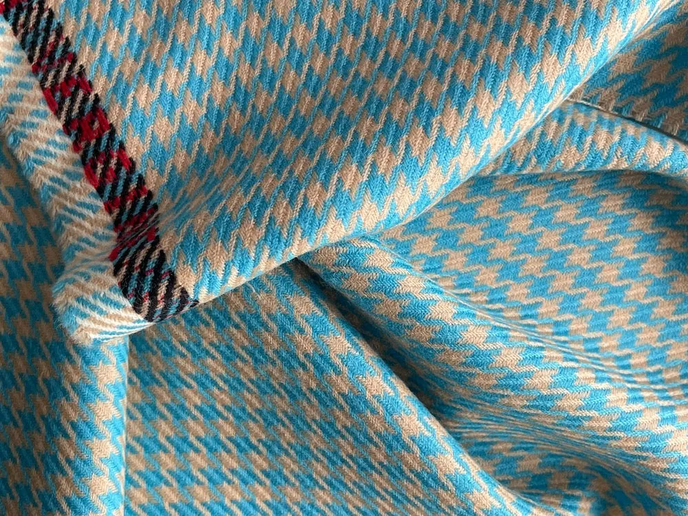 Turquoise Blue & Camel Hounds-Tooth Virgin Wool Twill (Made in Italy)