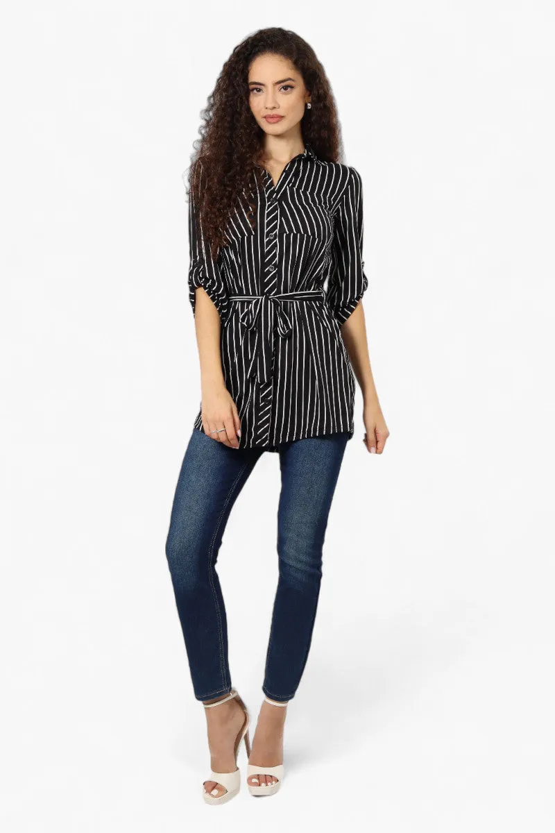 Urbanology Belted Striped Button Down Shirt - Black