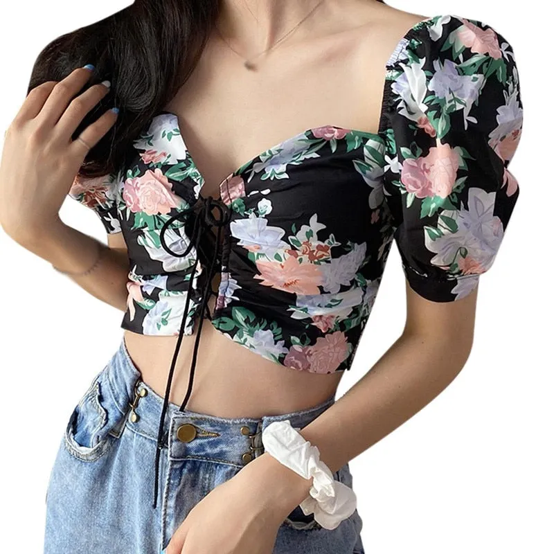 Vintage Floral Print Short Sleeve Drawstring Blouses