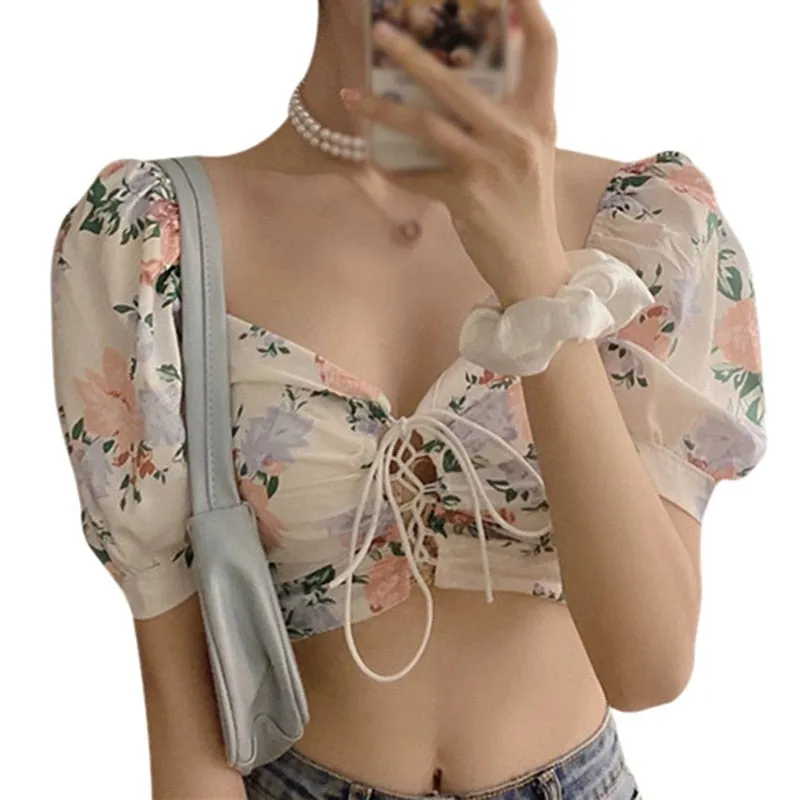 Vintage Floral Print Short Sleeve Drawstring Blouses