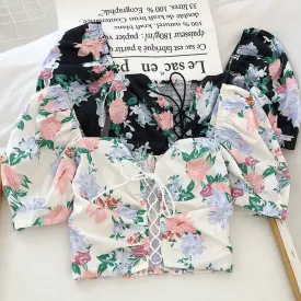 Vintage Floral Print Short Sleeve Drawstring Blouses