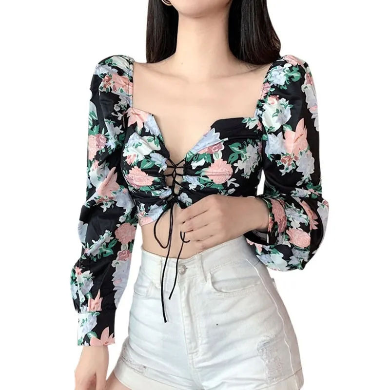 Vintage Floral Print Short Sleeve Drawstring Blouses