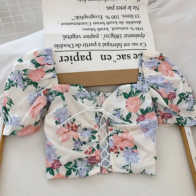 Vintage Floral Print Short Sleeve Drawstring Blouses