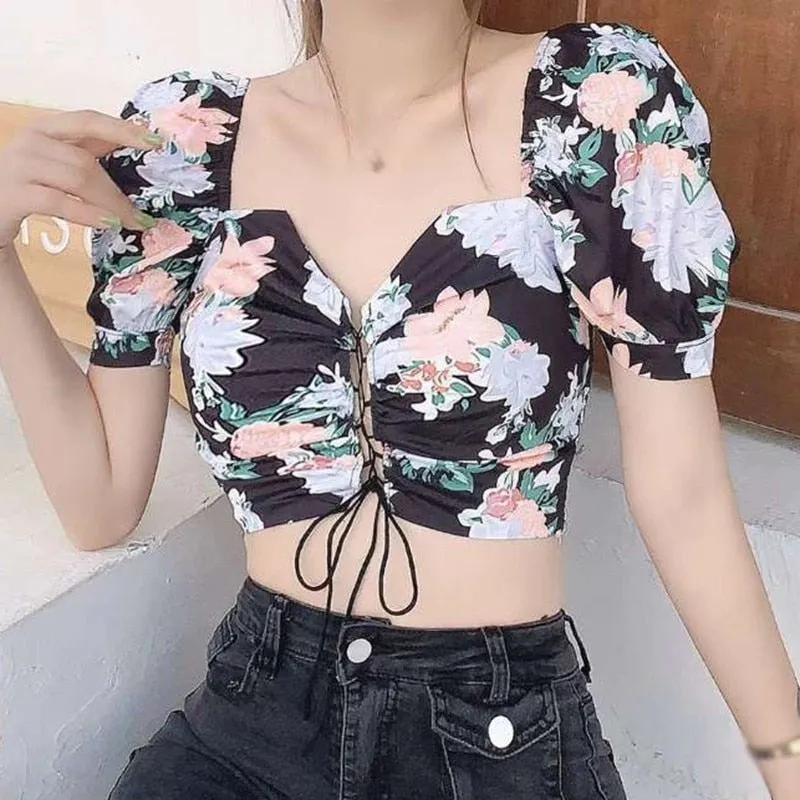 Vintage Floral Print Short Sleeve Drawstring Blouses