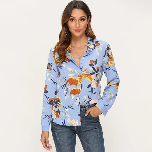 Vintage Floral Printed Blouse Women Long Sleeve