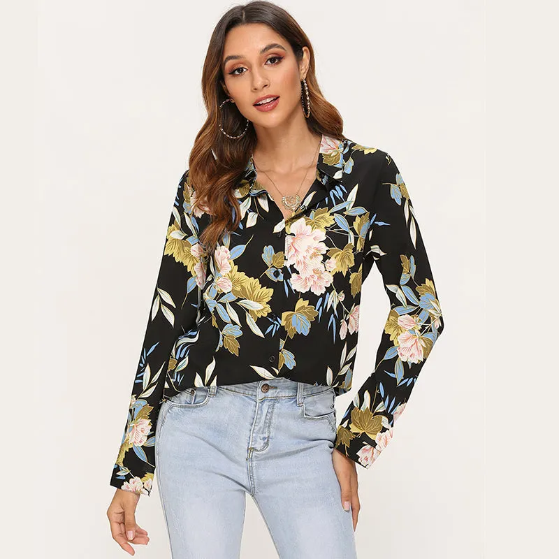 Vintage Floral Printed Blouse Women Long Sleeve