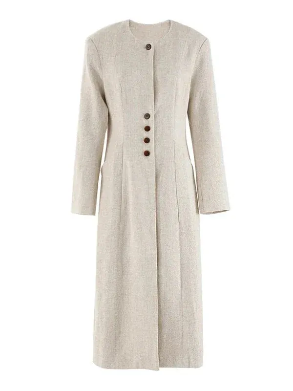 Wenkouban-Winter outfits Christmas Round Neck Button Waist Slit Lightweight Long Trench Coat