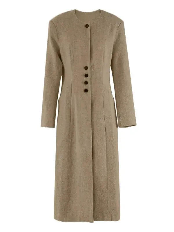 Wenkouban-Winter outfits Christmas Round Neck Button Waist Slit Lightweight Long Trench Coat