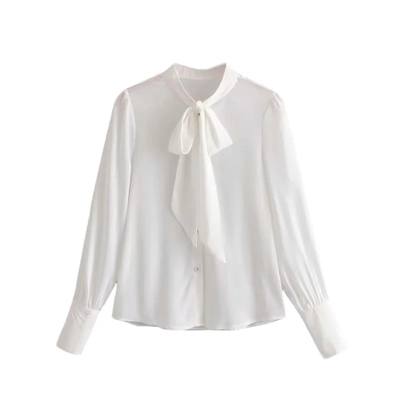 White Blouse Woman Bow Tie Neck