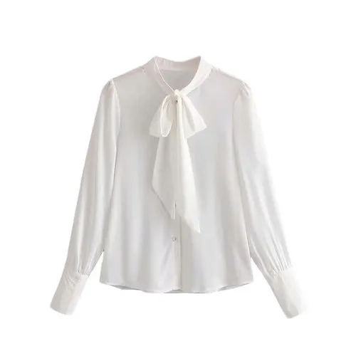 White Blouse Woman Bow Tie Neck