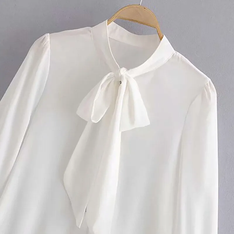 White Blouse Woman Bow Tie Neck