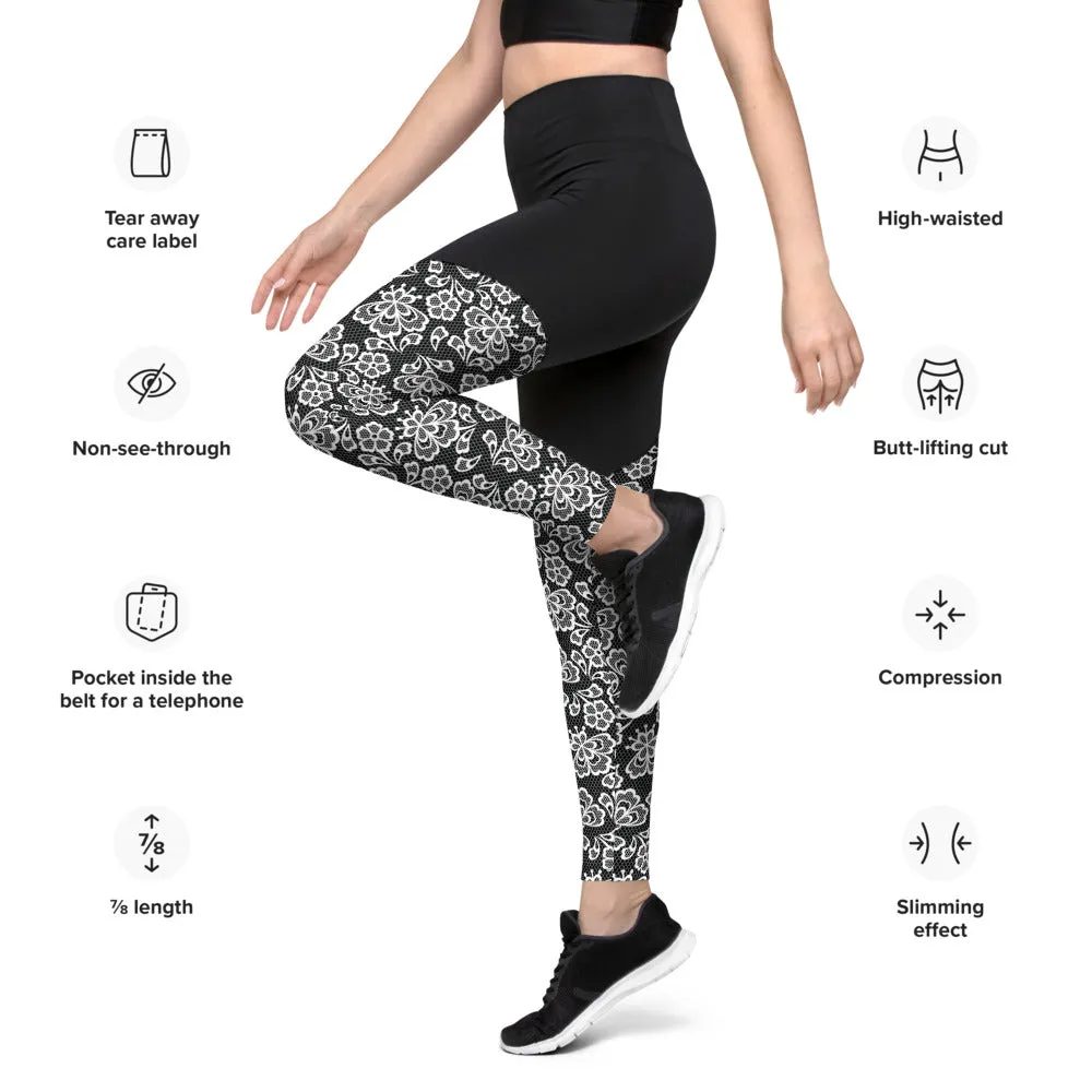 White Lace Print Sports Leggings