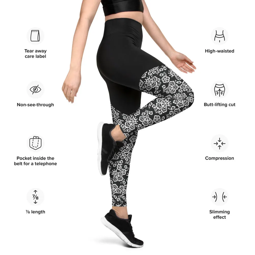 White Lace Print Sports Leggings