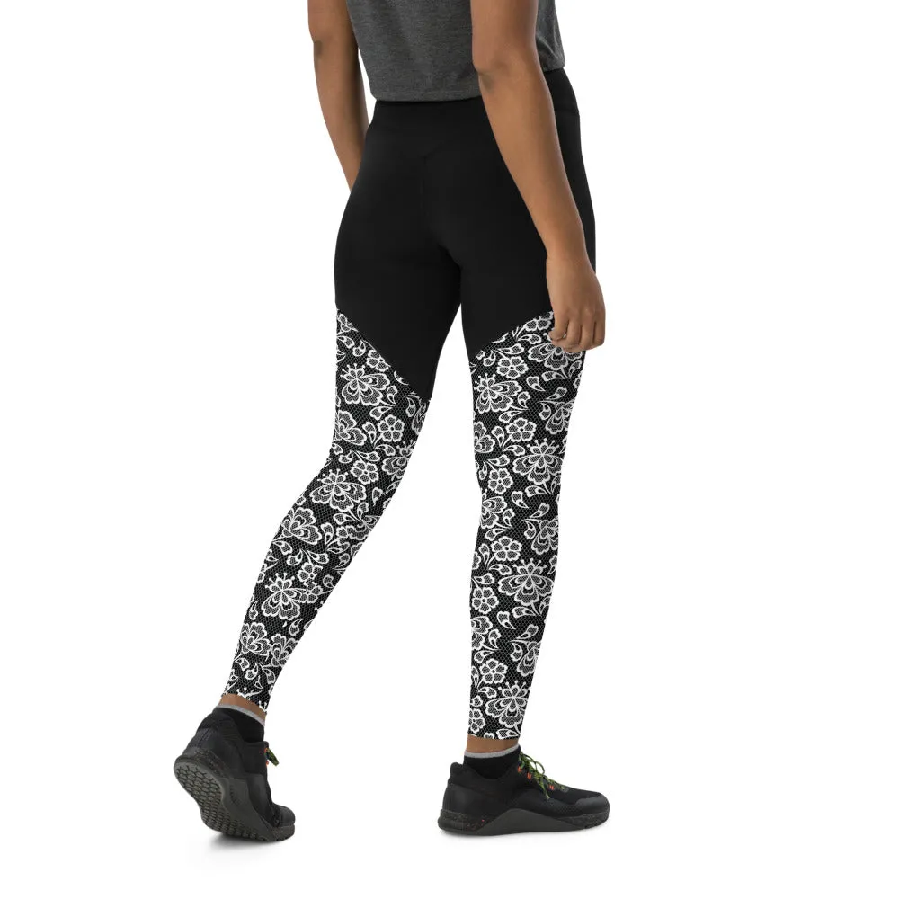 White Lace Print Sports Leggings