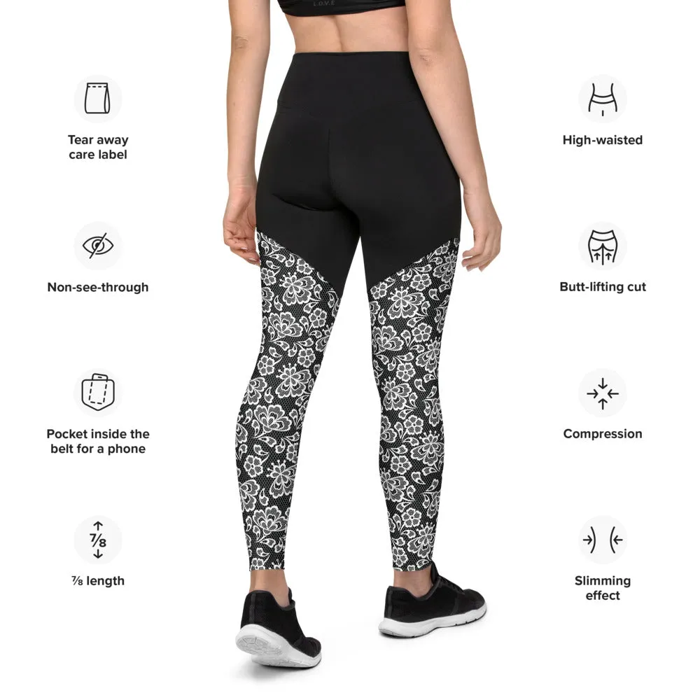 White Lace Print Sports Leggings