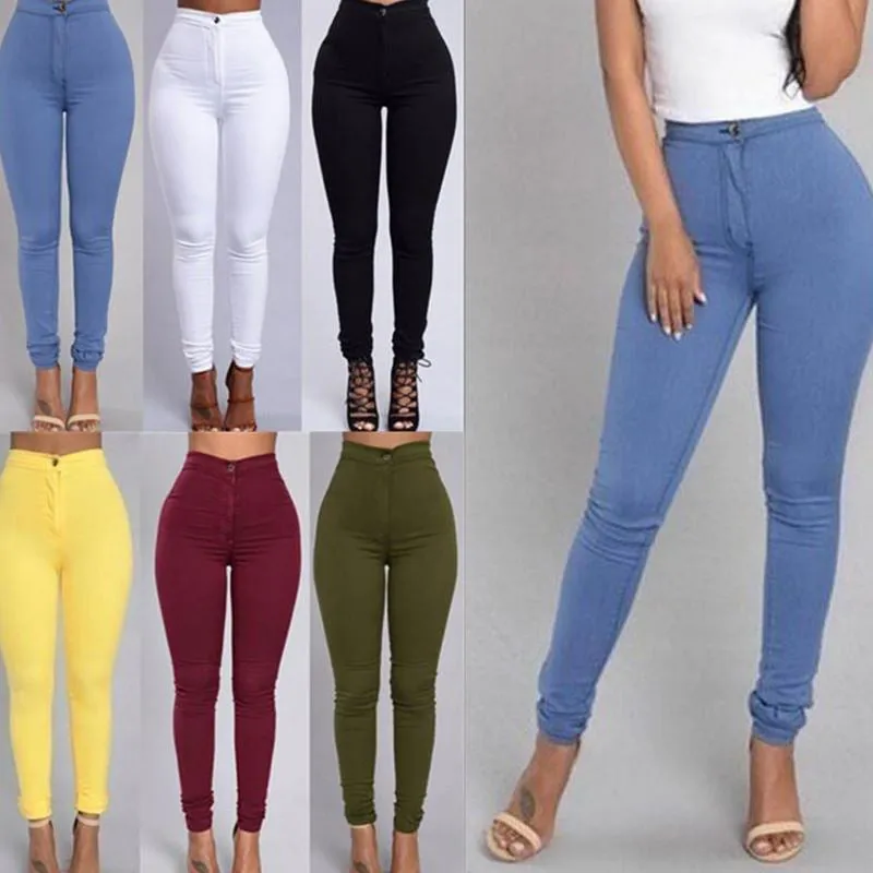 Wjczt Women Solid Color Stretchy Jeans Casual High Waist Skinny Pencil Pants Fashion Slim Butt Lift Legging Black Trousers Plus Size