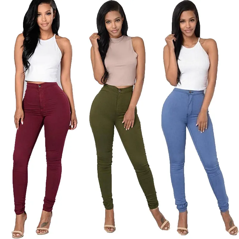 Wjczt Women Solid Color Stretchy Jeans Casual High Waist Skinny Pencil Pants Fashion Slim Butt Lift Legging Black Trousers Plus Size