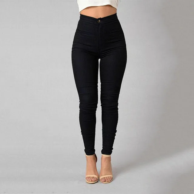 Wjczt Women Solid Color Stretchy Jeans Casual High Waist Skinny Pencil Pants Fashion Slim Butt Lift Legging Black Trousers Plus Size