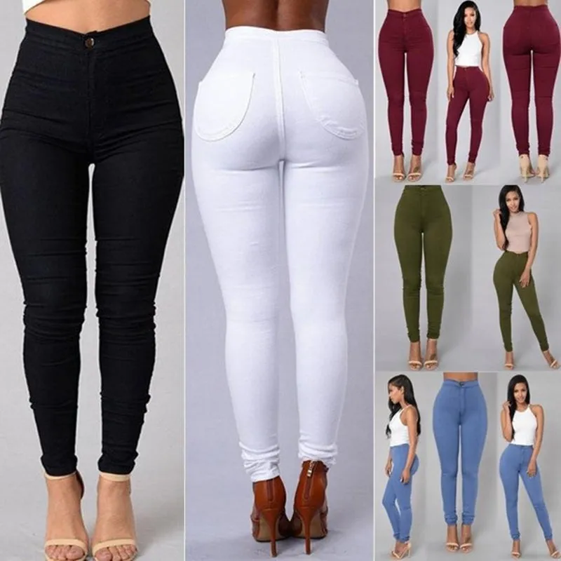 Wjczt Women Solid Color Stretchy Jeans Casual High Waist Skinny Pencil Pants Fashion Slim Butt Lift Legging Black Trousers Plus Size