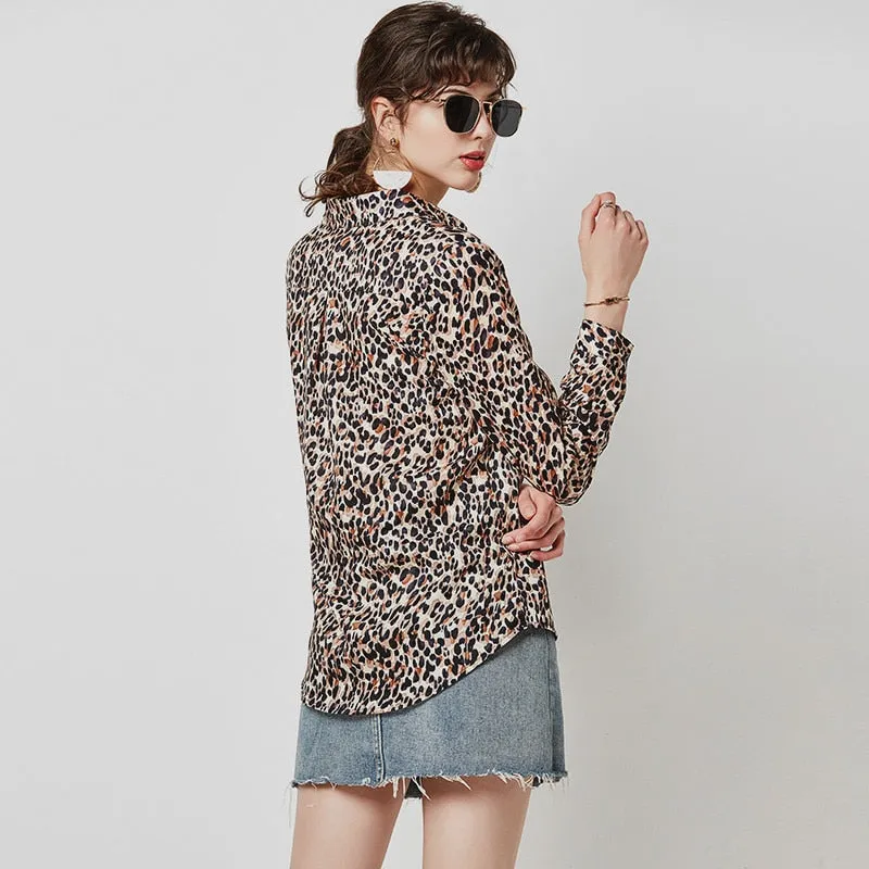 Women Leopard Blouse Vintage Turn Down Collar