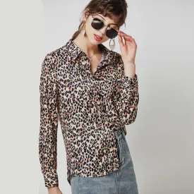 Women Leopard Blouse Vintage Turn Down Collar