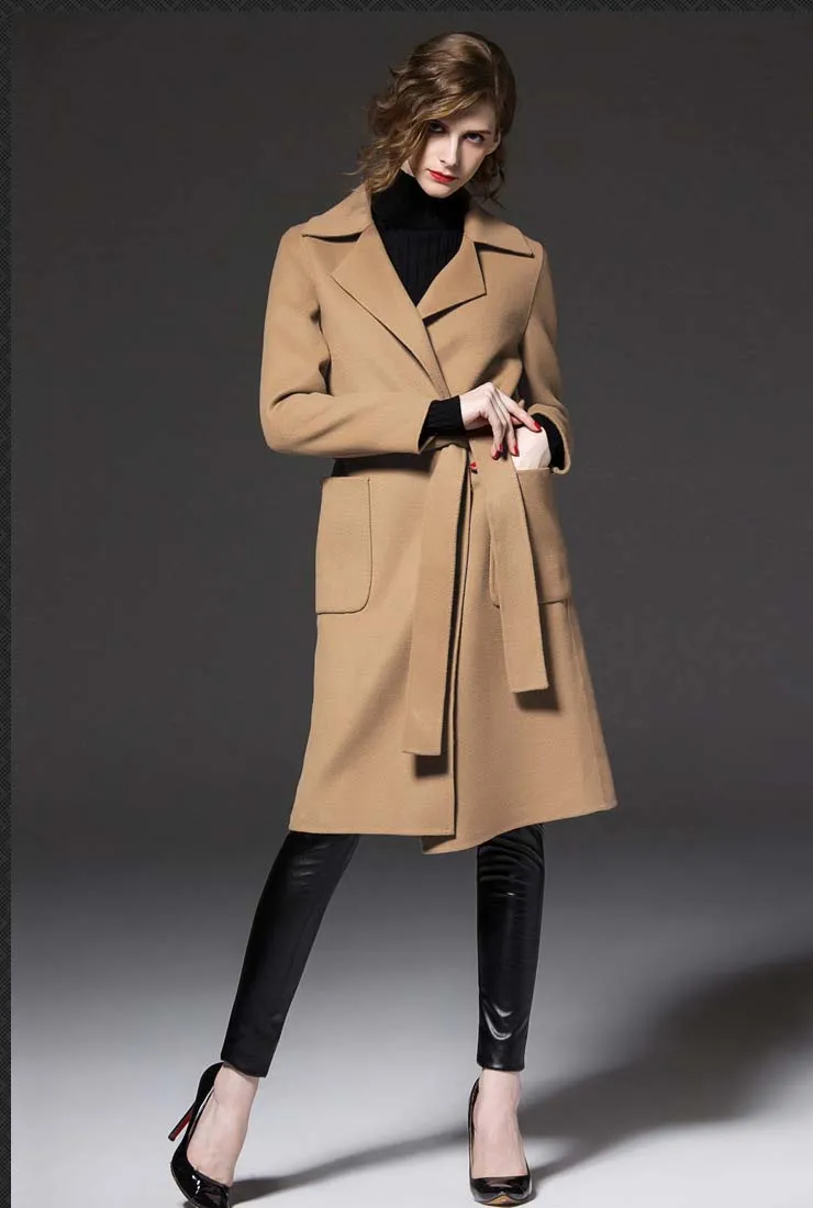 Women's Plus Size Wool Blend Belted Trench Coat