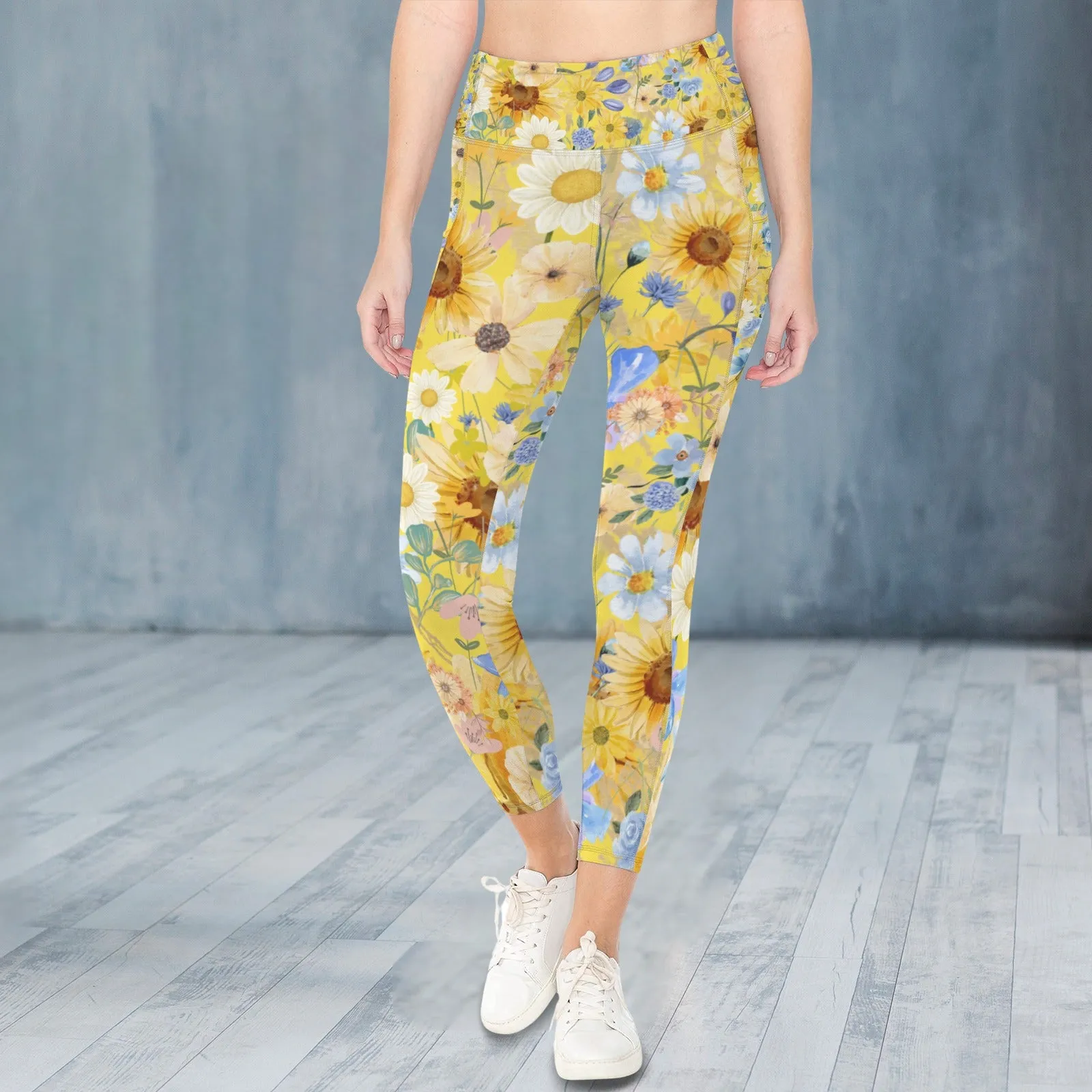 Yellow Floral Art Leggings with Pockets up to 5 XL (FWS)