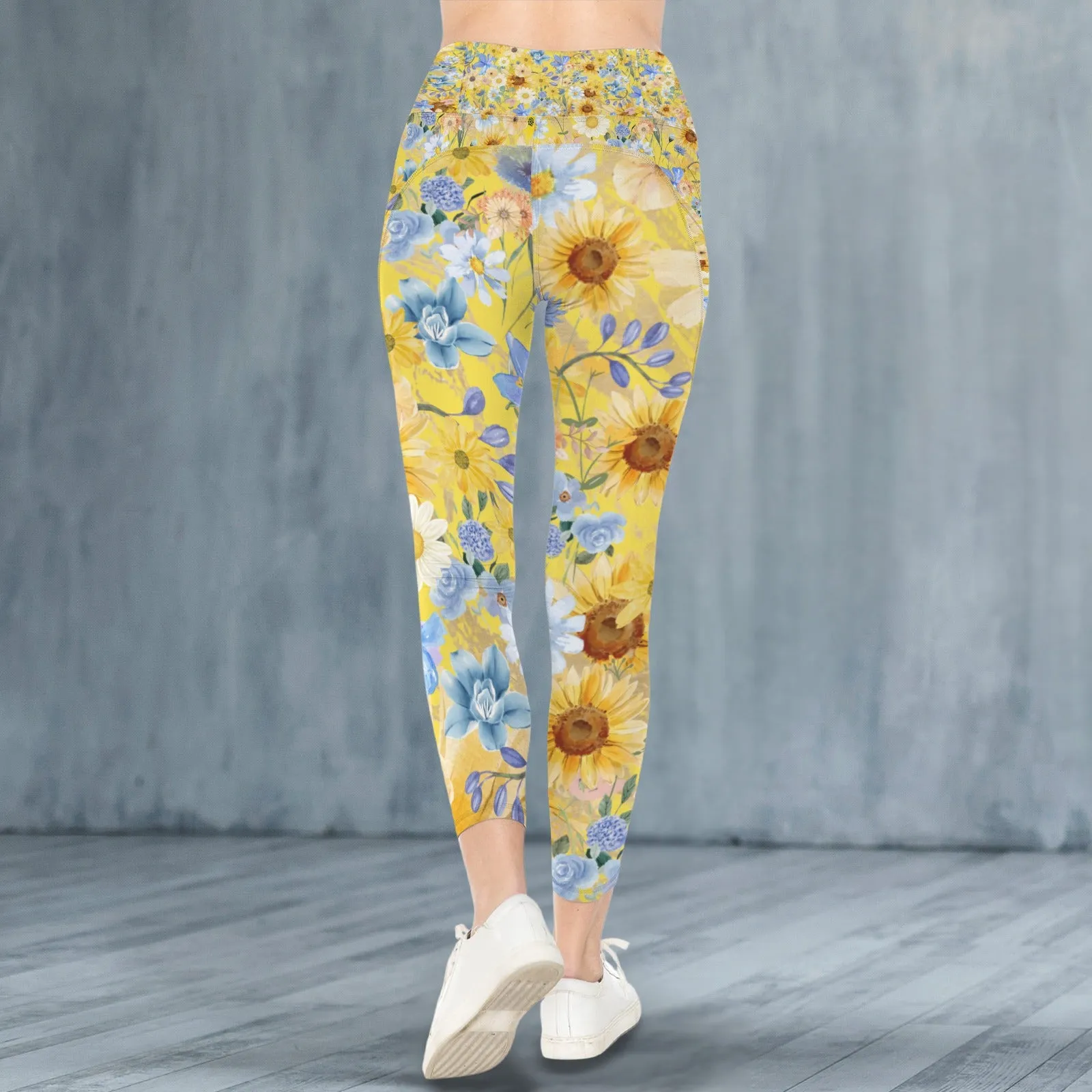 Yellow Floral Art Leggings with Pockets up to 5 XL (FWS)