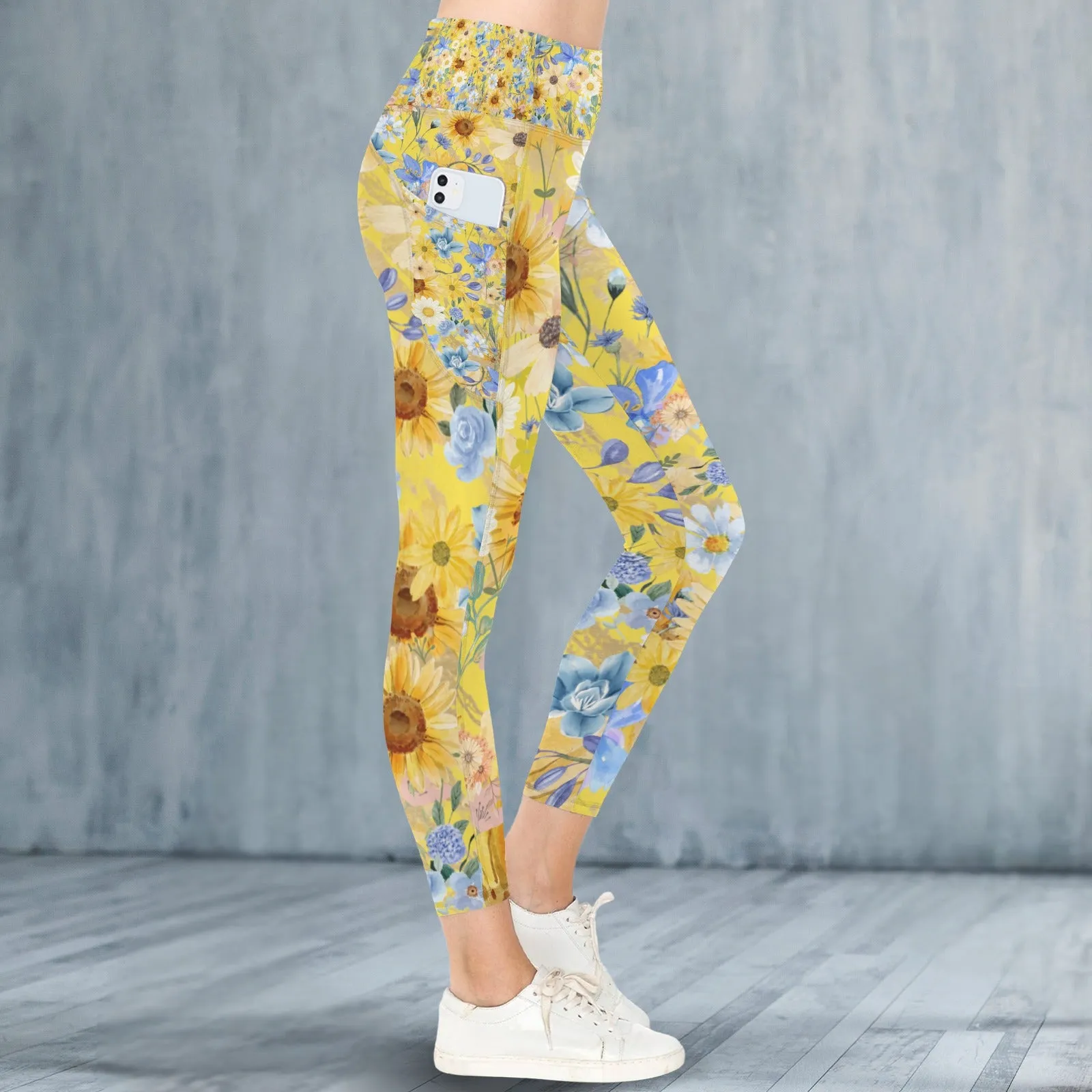 Yellow Floral Art Leggings with Pockets up to 5 XL (FWS)