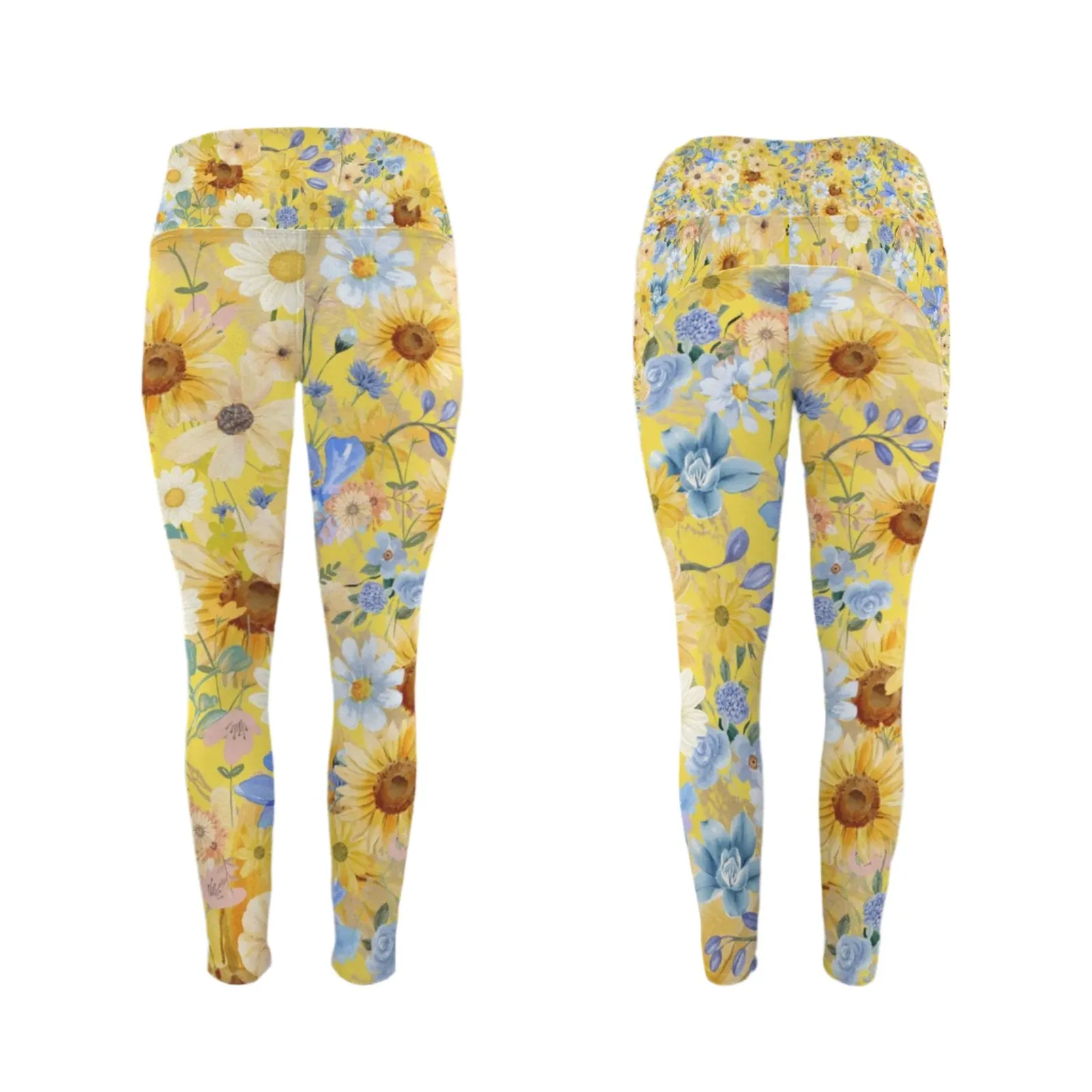 Yellow Floral Art Leggings with Pockets up to 5 XL (FWS)