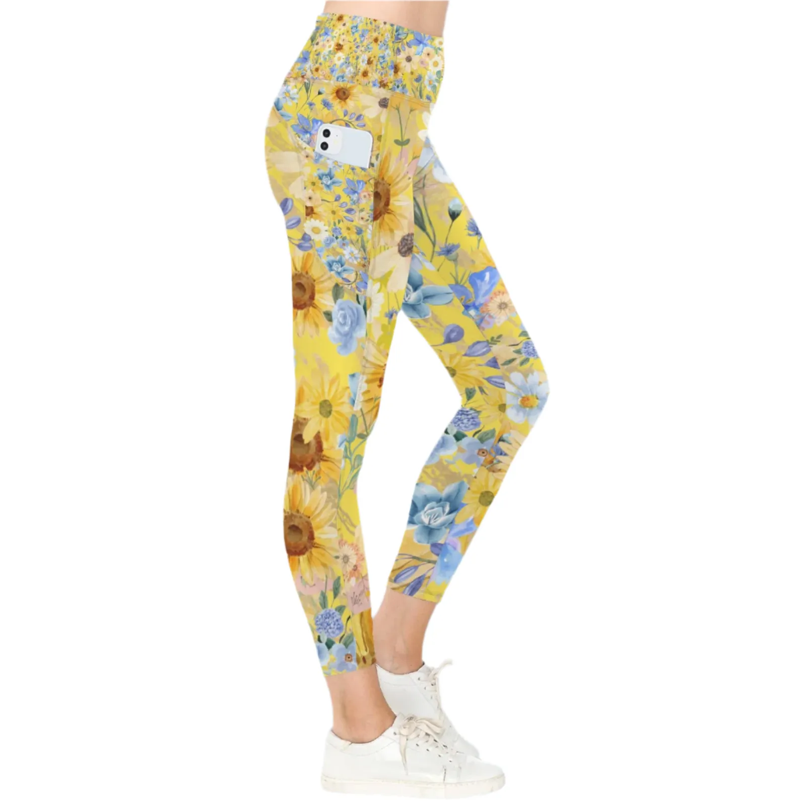 Yellow Floral Art Leggings with Pockets up to 5 XL (FWS)